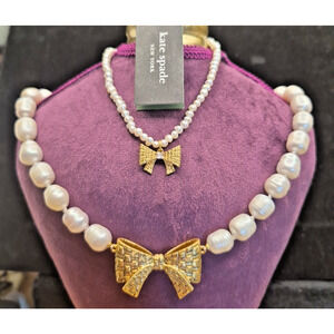 Kate Spade Natural Pearl Bow Necklace & Bracelet Set Gold Tone Crystal Bows New